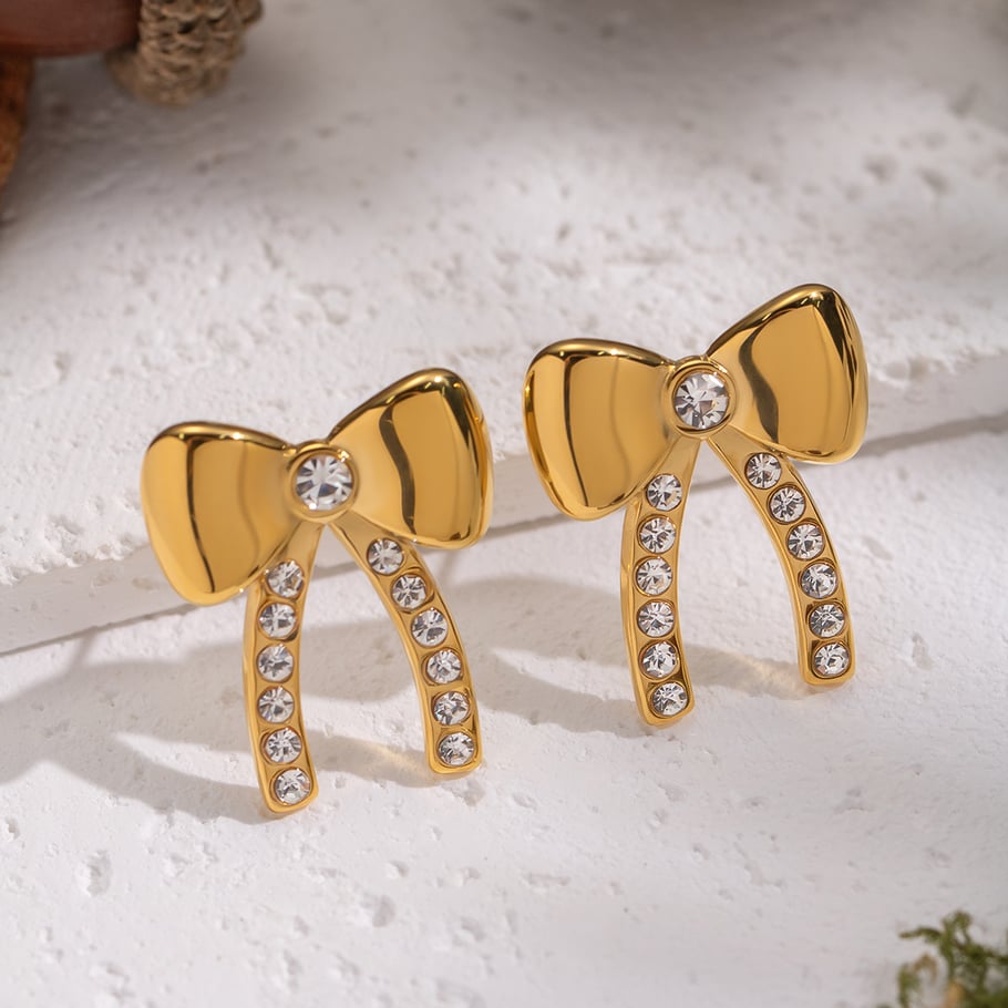 1 paio di eleganti orecchini a bottone in acciaio inossidabile color oro con fiocco Immagine2