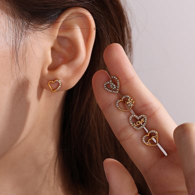 1 Pair Heart Stainless Steel Gold Color Rhinestone Piercing Earrings h5 Picture4