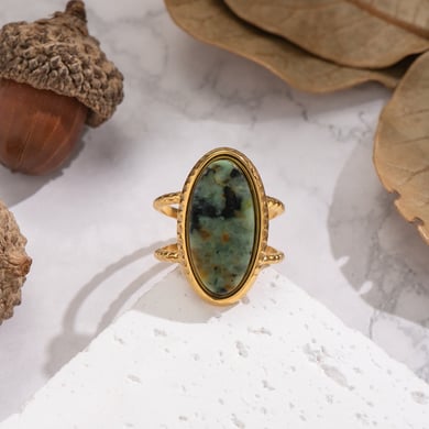 Anillo retro de acero inoxidable con piedras preciosas naturales de color dorado. h5 Imagen3