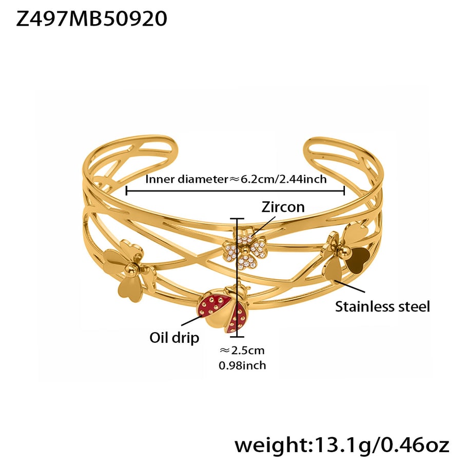 1 Piece Luxurious Ladybird Stainless Steel Gold Color Zircon Women's Cuff Bracelets 