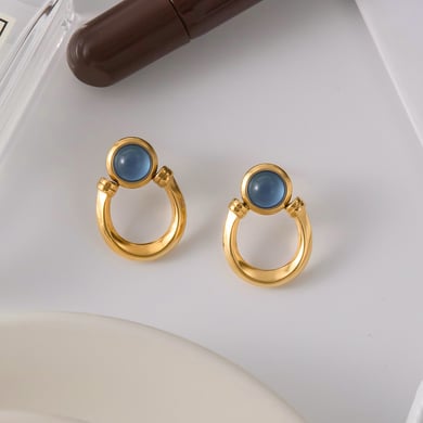 1 paio di eleganti orecchini a bottone da donna in acciaio inossidabile color oro con cerchio in resina blu h5 Immagine3