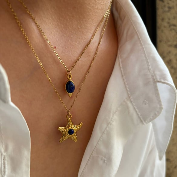 1 Piece Starfish Gold Color Natural Stone Pendant Necklace
