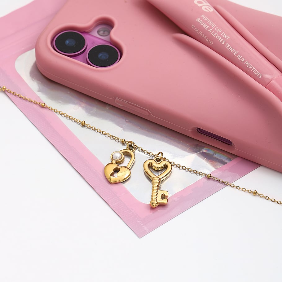 1 Piece Sweet Heart Key&Lock Stainless Steel Gold Color Women's Pendant Necklaces Picture4