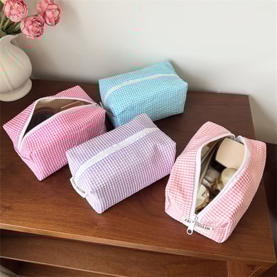 Trousse de maquillage simple et classique en polyester à carreaux, 1 pièce, pour femme h5 Image3
