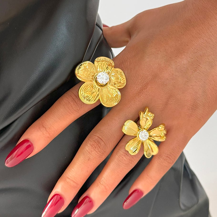 1 Stück Blume Edelstahl Gold Farbe Zirkon Damen Statement Ringe h5Bild3