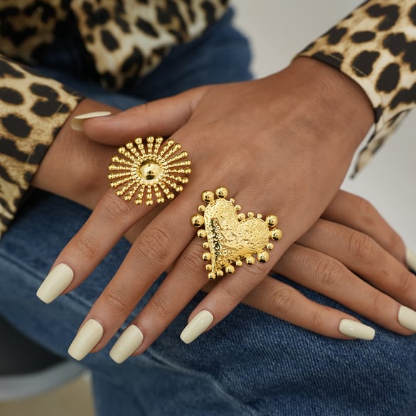 1 Piece  Retro Heart Sun Stainless Steel  Gold Color Women's Statement Rings