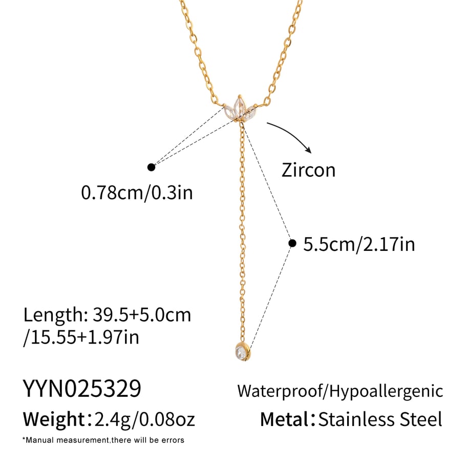 Collier pendentif fleur en forme de Y en acier inoxydable couleur or et zircon