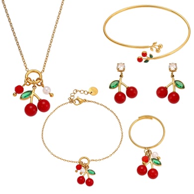 Whimsical Cherry Stainless Steel Gold Color Zircon Women's Jewelry Sets h5 Picture2