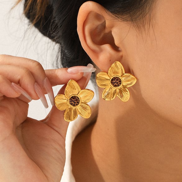 1 Pair Retro Flower Stainless Steel  Leopard Gold Color Earring Set