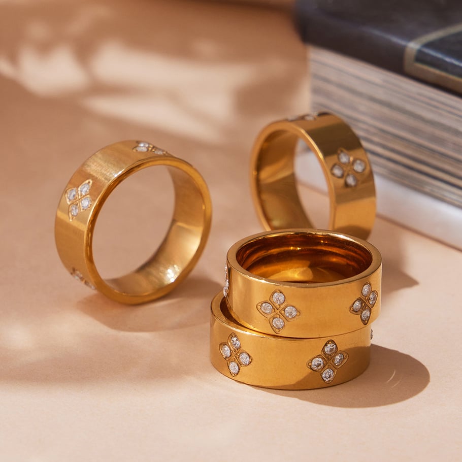 1 Piece Delicate Flower Stainless Steel Gold Color Zircon Women's Gemstone Rings Picture3