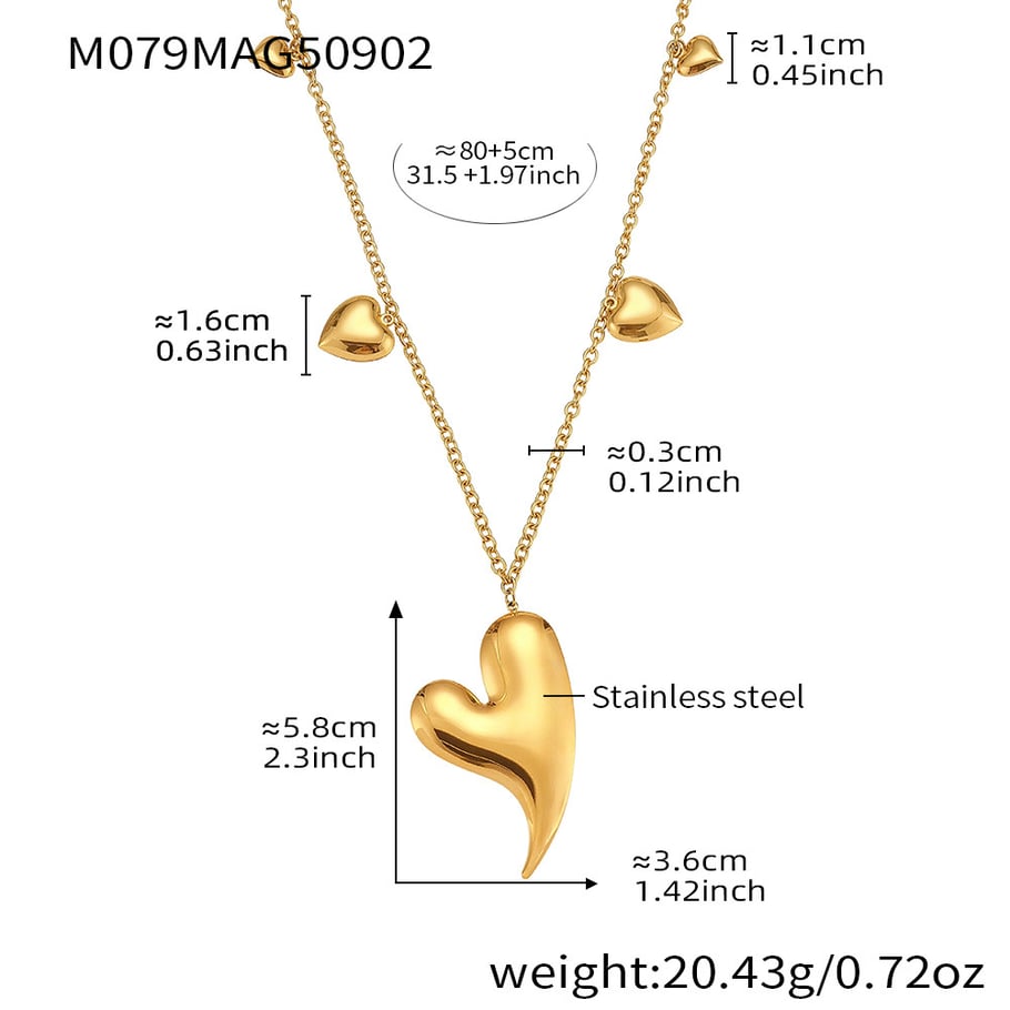 Collier long classique en acier inoxydable doré avec cœur irrégulier pour femme