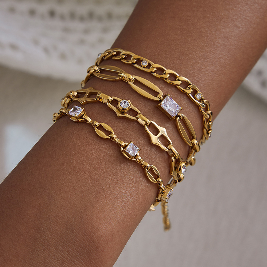 1 Piece Exquisite Chain Stainless Steel Gold Color Zircon Women's Chain Bracelets h5Picture2