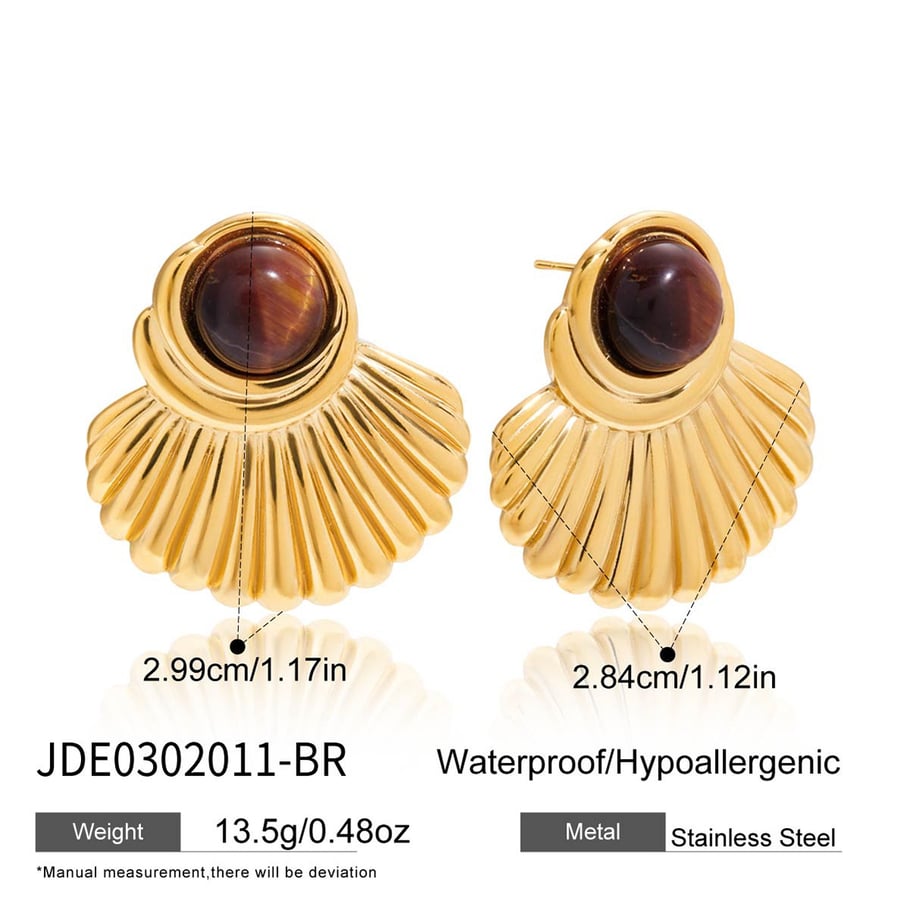 1 par de pendientes de botón de acero inoxidable con forma retro y piedra natural color dorado para mujer Imagen2