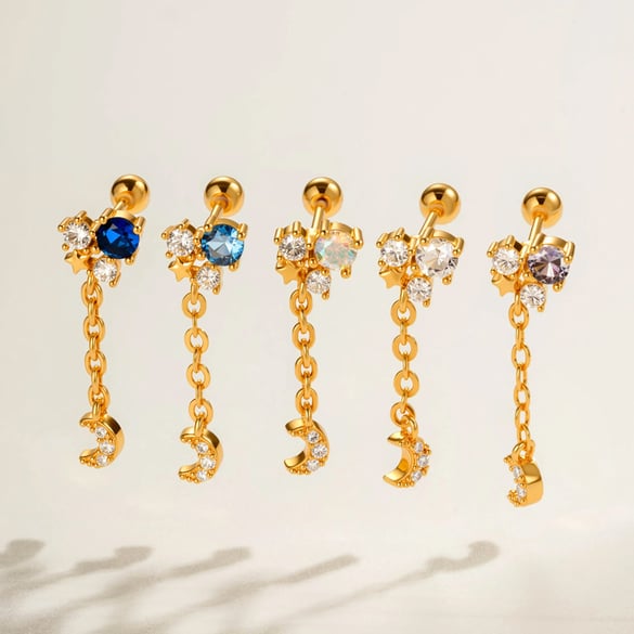 1 Piece Tassel Moon Copper Gold Color Zircon Piercing Earring 2