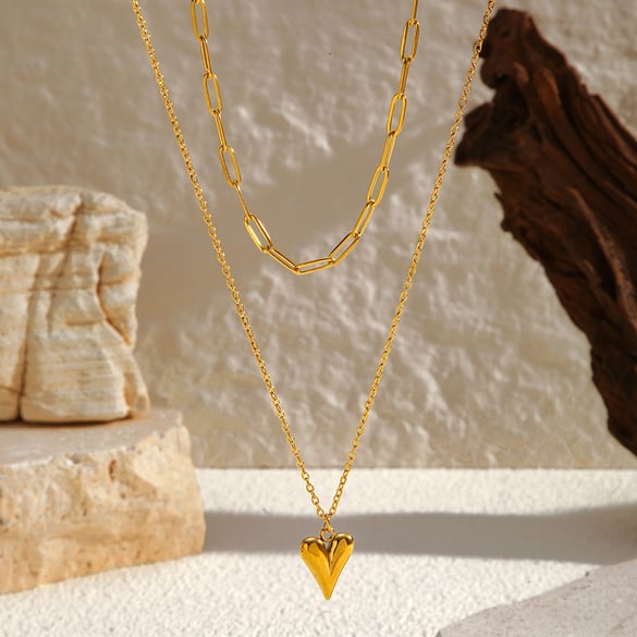 1 Piece Heart Stainless Steel Gold Color Layered Necklace 2