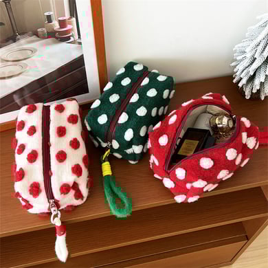 1 pezzo di borsa per il trucco da donna in peluche con graziosi pois della serie romantica h5 Immagine2