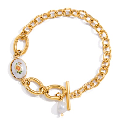 1 Stück Retro-Blumen-Edelstahl-Goldfarben-Damen-Kettenarmbänder h5 
