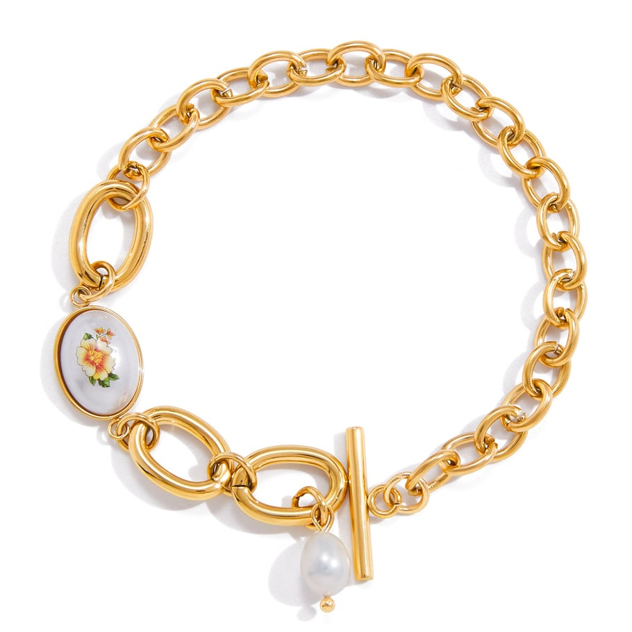 1 Stück Retro-Blumen-Edelstahl-Goldfarben-Damen-Kettenarmbänder 