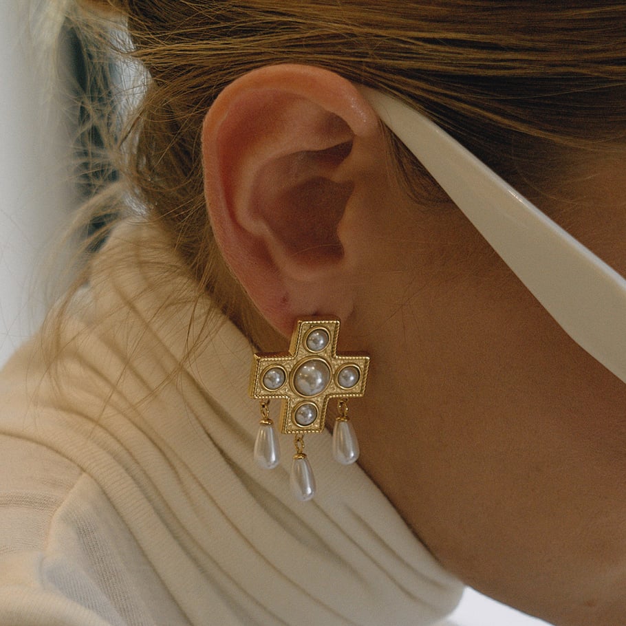 1 paio di orecchini pendenti da donna in acciaio inossidabile color oro con croce a goccia di lusso h5Immagine5