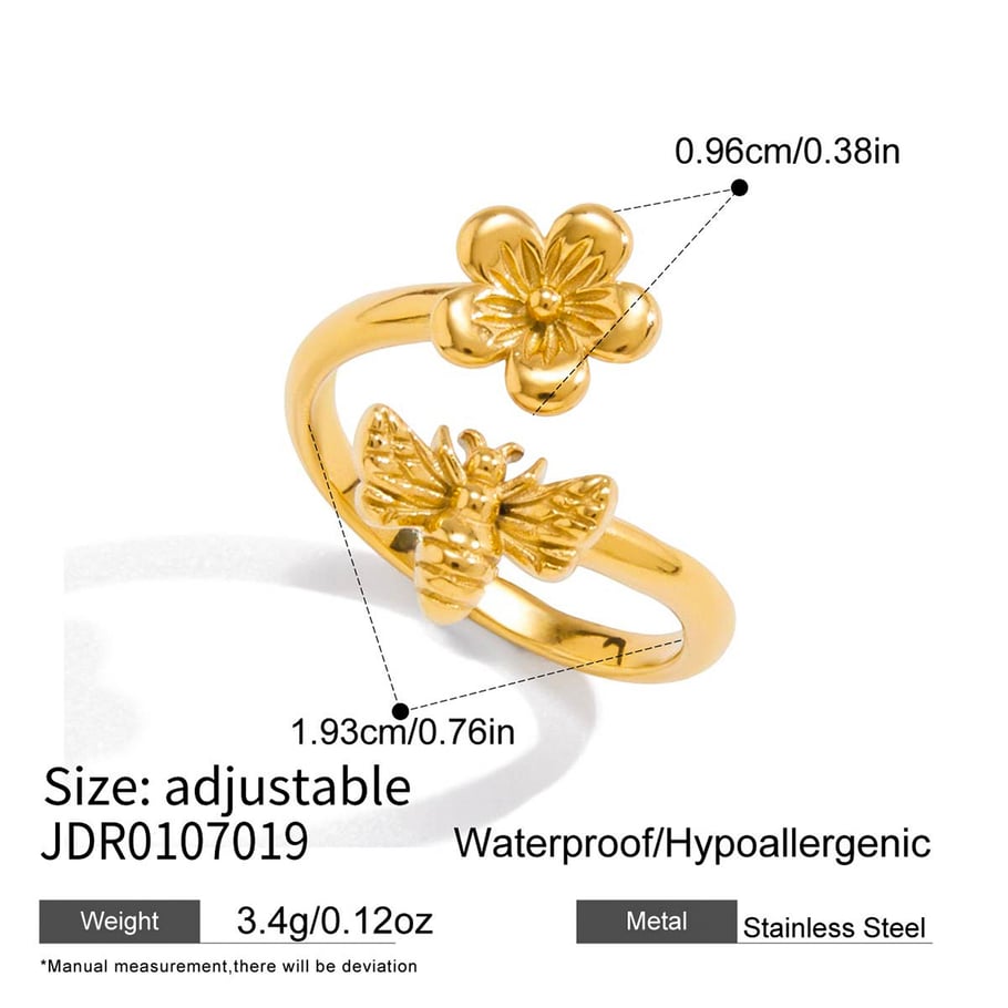 1 Piece Natural Flower&Bee Stainless Steel Gold Color Statement Rings Picture2