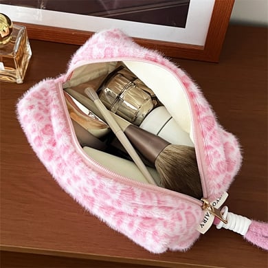 1 pezzo di borsa per il trucco da donna in peluche con stampa leopardata retrò romantica h5 Immagine4