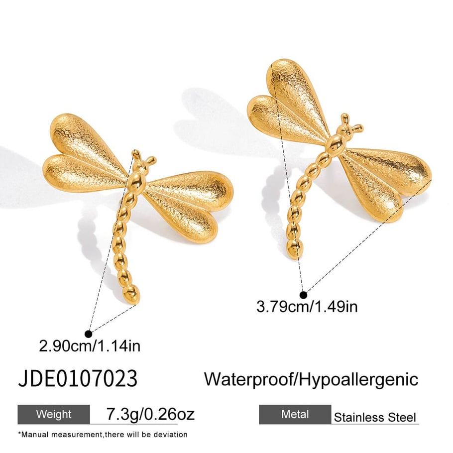 1 par de hermosos pendientes de botón de libélula de acero inoxidable color dorado para mujer Imagen2