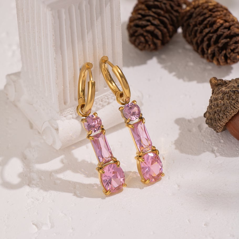 1 paire de boucles d'oreilles pendantes en acier inoxydable couleur or et zircon rose h5Image4