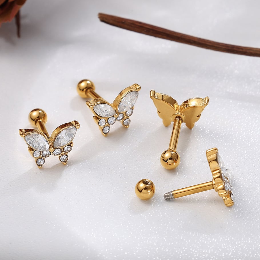 1 Çift Kelebek Paslanmaz Çelik Altın Renkli Kristal Piercing Küpe Resim3