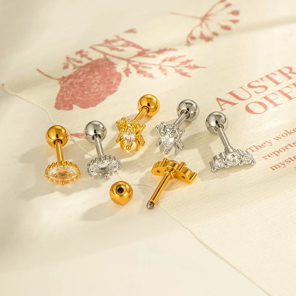 1 Piece Copper Gold Color  Zircon Piercing Earring