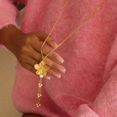 Collana lunga da donna in acciaio inossidabile color oro con nappa floreale della serie romantica da 1 pezzo h5 Immagine6