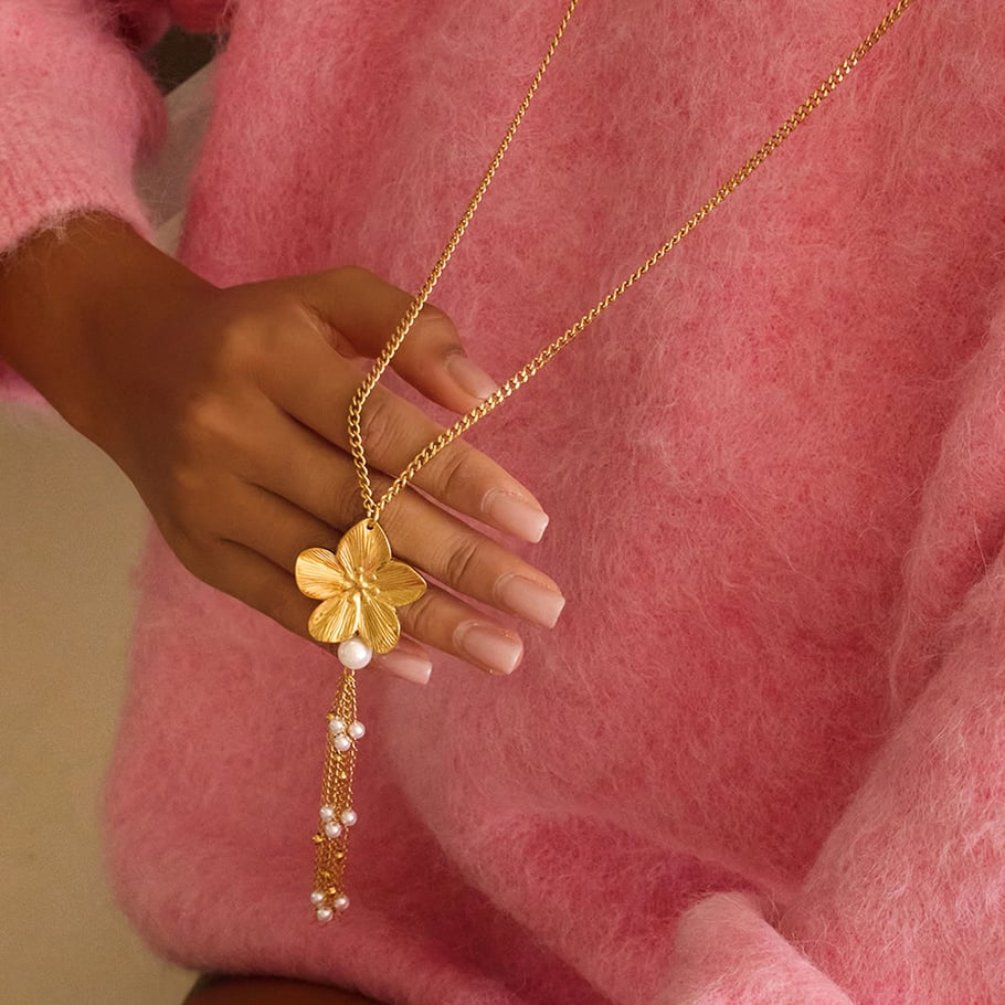 Collana lunga da donna in acciaio inossidabile color oro con nappa floreale della serie romantica da 1 pezzo Immagine6