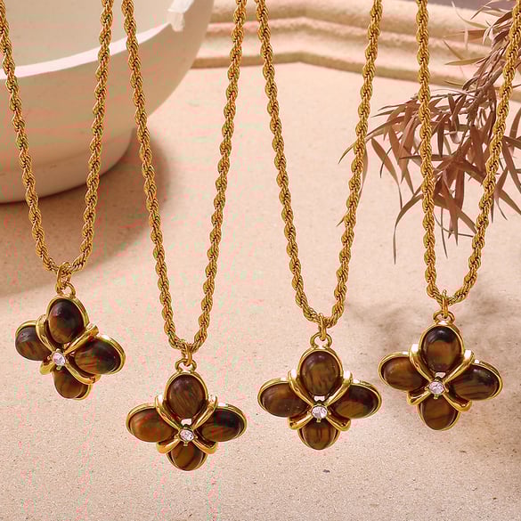 1 Piece Retro Flower Stainless Steel Gold Color Natural Stone Pendant Necklace 2