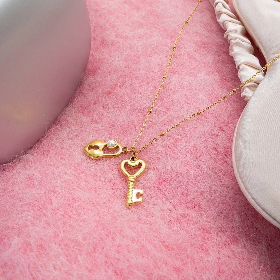 1 Piece Sweet Heart Key&Lock Stainless Steel Gold Color Women's Pendant Necklaces h5Picture5
