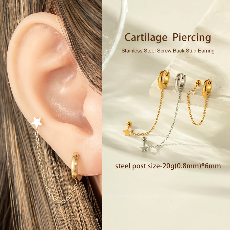 1 Piece Simple Star Circle Gold Color Zircon Piercing Earring h5Picture4