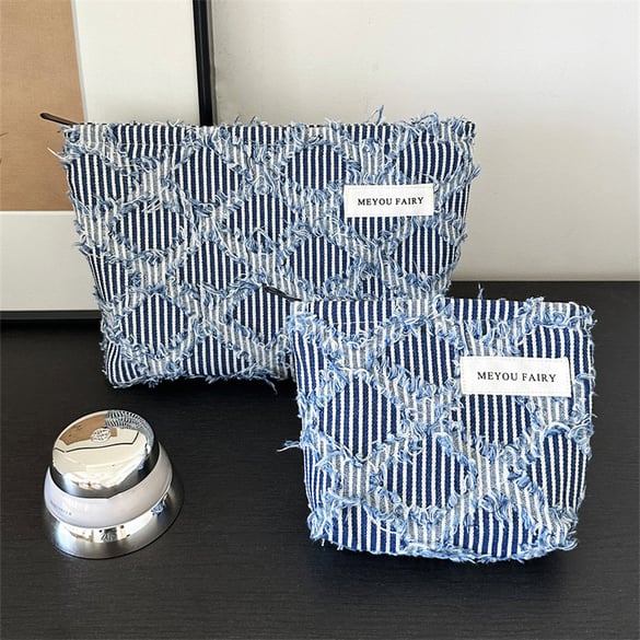 1 Stück einfache Make-up-Taschen aus Denim mit Schachbrettmuster und Fransen für Damen 2