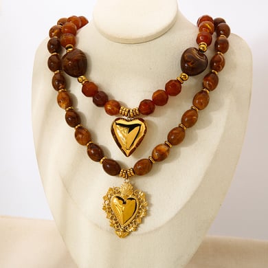 1 Piece Retro Heart Beads Acrylic  Gold Color  Women's Pendant Necklaces h5 Picture3