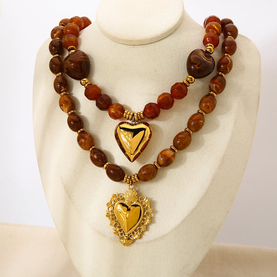 1 Piece Retro Heart Beads Acrylic  Gold Color  Women's Pendant Necklaces Picture3