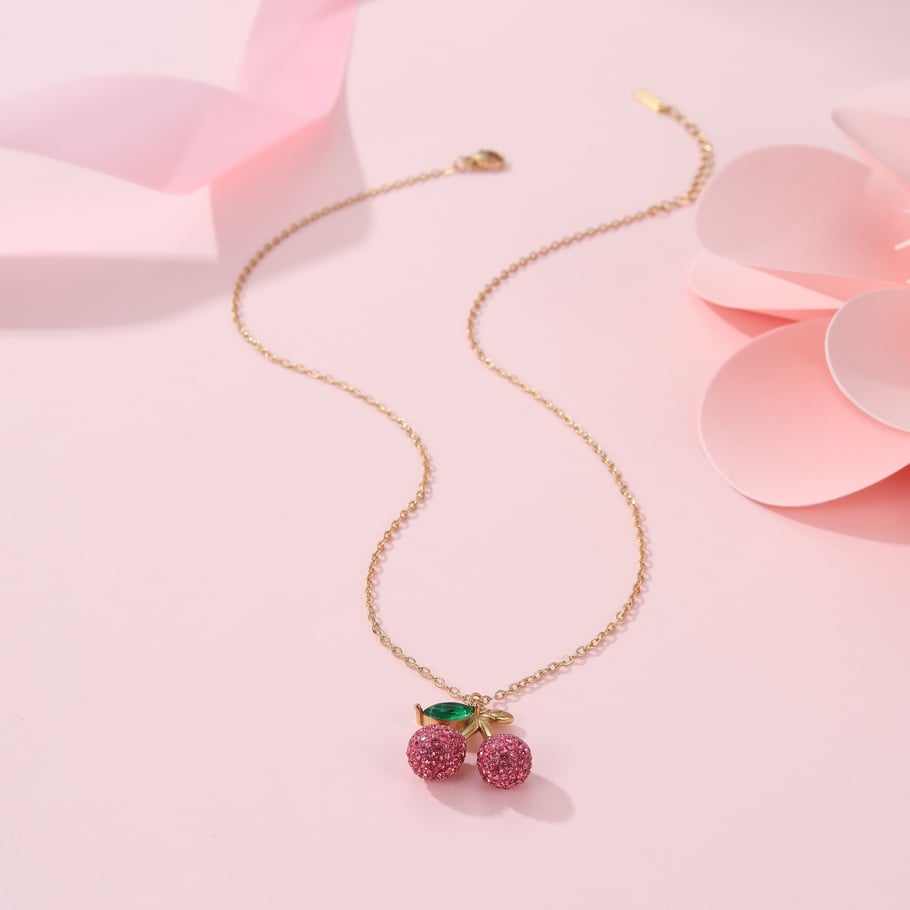 1 Piece Luxurious Sweet Cherry Stainless Steel Gold Color Women's Pendant Necklaces h5Picture4