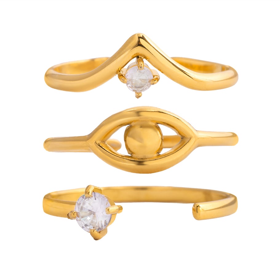 Juego de 1 anillo de circonita de color dorado de acero inoxidable con curva delicada 