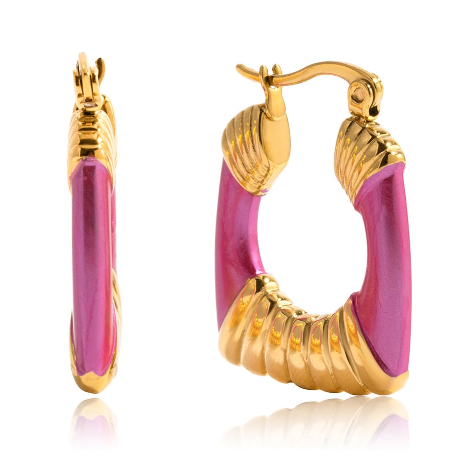 1 Pair Radiant Pink Rectangle Stainless Steel Gold Color Women's Hoop Earrings 