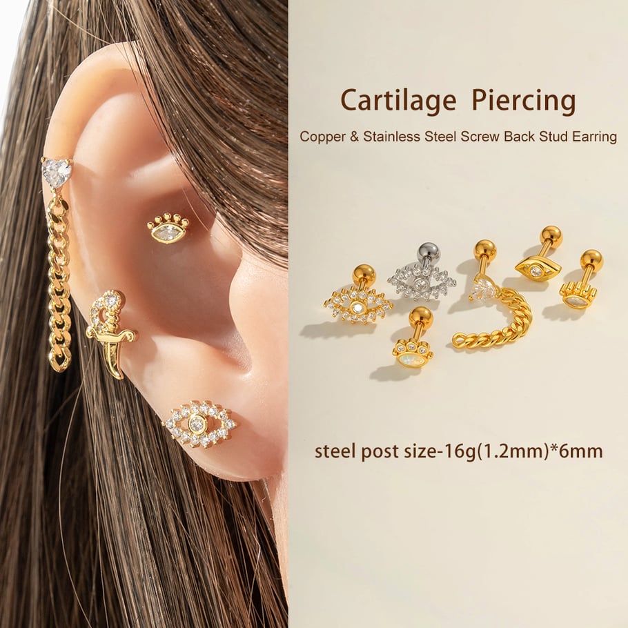 1 Adet Şeytan Gözü Bakır Altın Rengi Zirkonyum Piercing Küpe Resim4