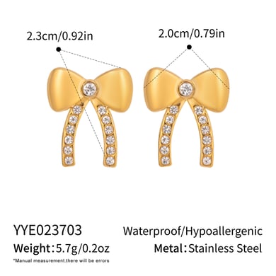 1 paio di eleganti orecchini a bottone in acciaio inossidabile color oro con fiocco h5 