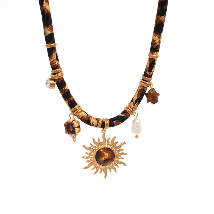 Collana con ciondolo da donna in acciaio inossidabile color oro con stampa leopardata e sole retrò, 1 pezzo 