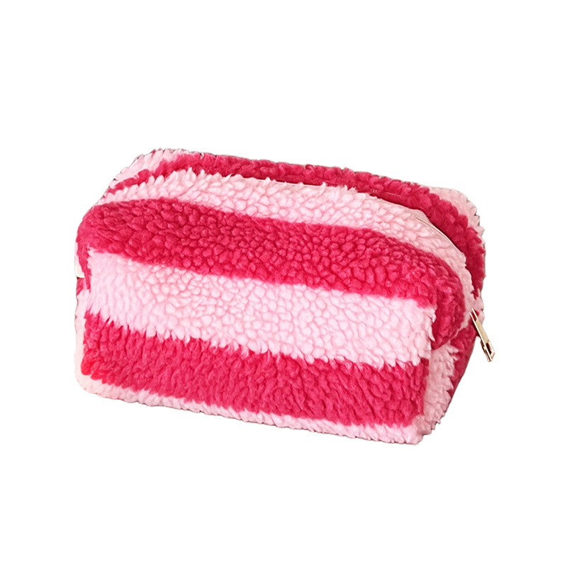 1 pezzo semplice classico rosso a righe peluche borse per il trucco da donna Immagine6