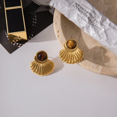 1 par de pendientes de botón de acero inoxidable con forma retro y piedra natural color dorado para mujer h5 Imagen7