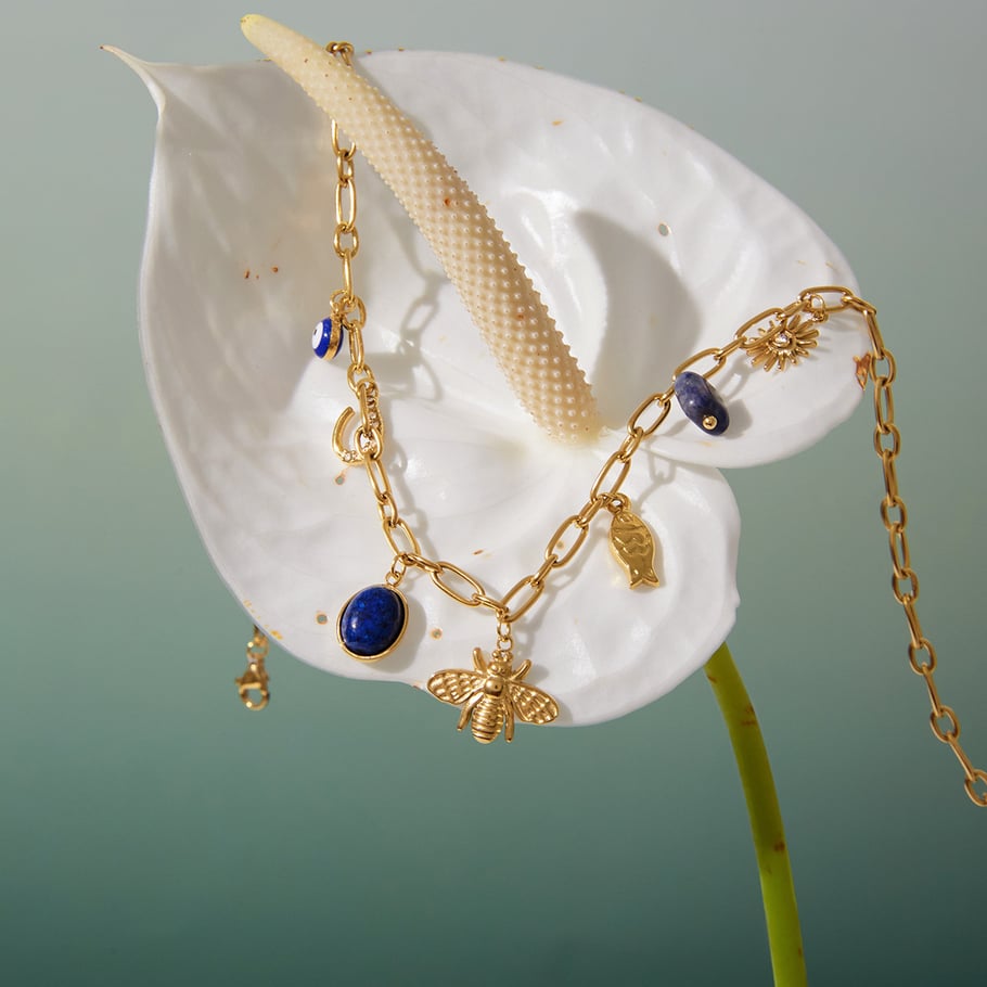 1 Piece Luxurious Bee Lapis Lazuli Stainless Steel Gold Color Women's Pendant Necklaces h5Picture4