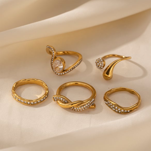 Anello con pietra preziosa in zircone color oro a forma di linea in acciaio inossidabile da 1 pezzo 2