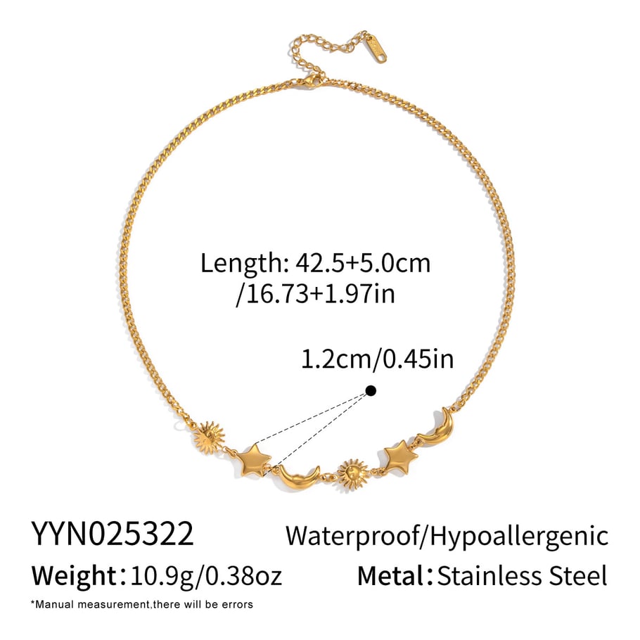 Collana con ciondolo retrò in acciaio inossidabile color oro con sole, stella e luna, 1 pezzo 
