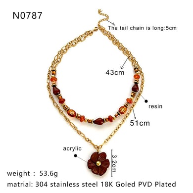 Collar en capas de acrílico color dorado con flores de resina de 1 pieza h5 Imagen2
