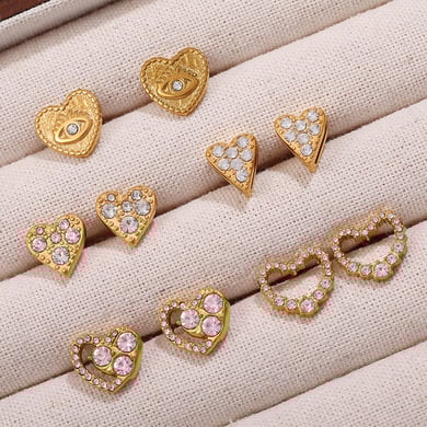 1 Pair Heart Stainless Steel Gold Color Rhinestone Piercing Earrings h5 Picture3